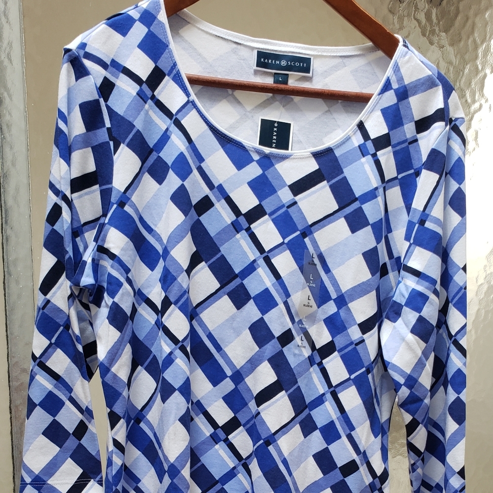 NWT Karen Scott Blue&White Blouse Szs L & XL $50